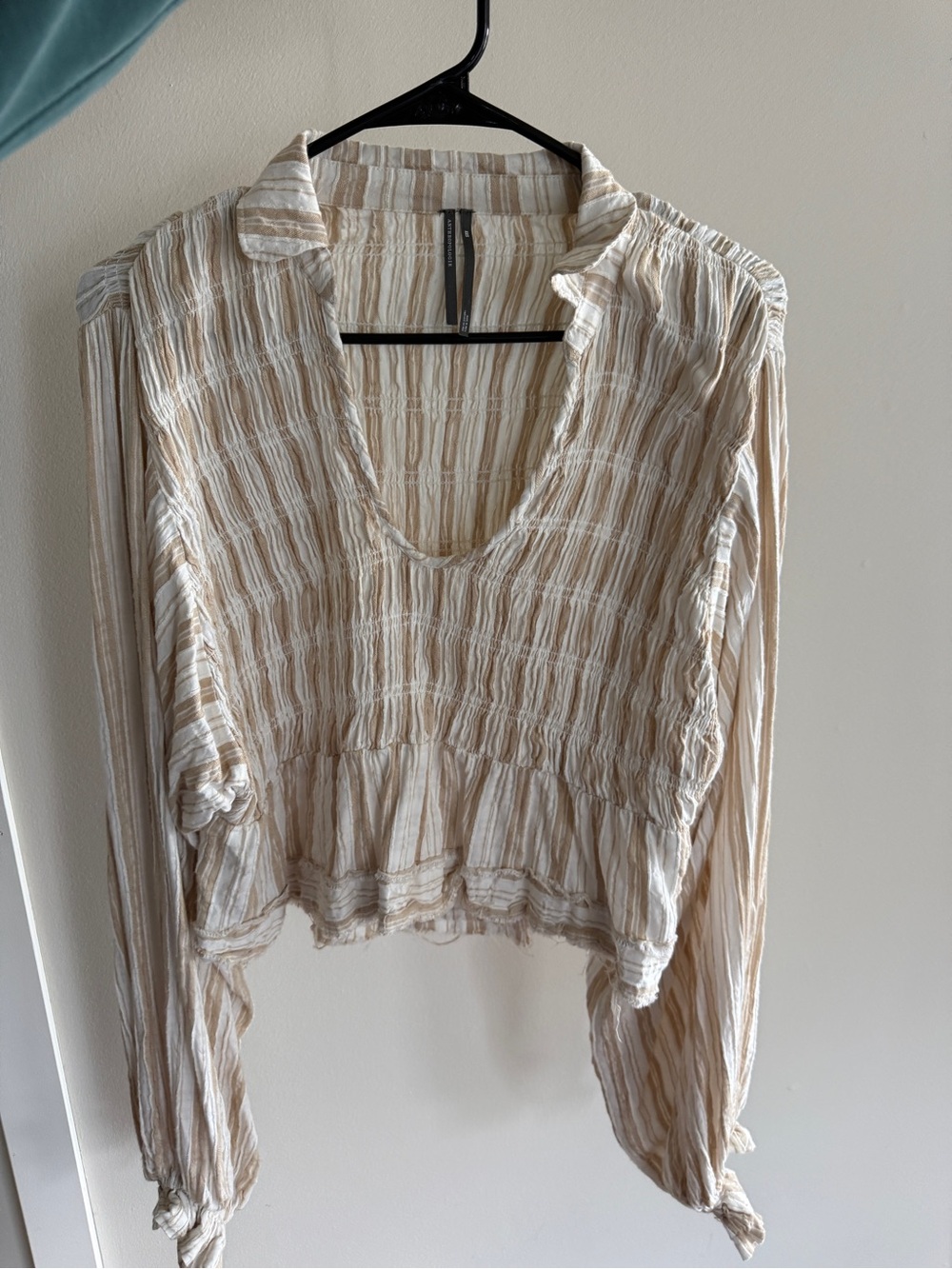 Anthropologie Cream and Beige Striped Peasant Blouse